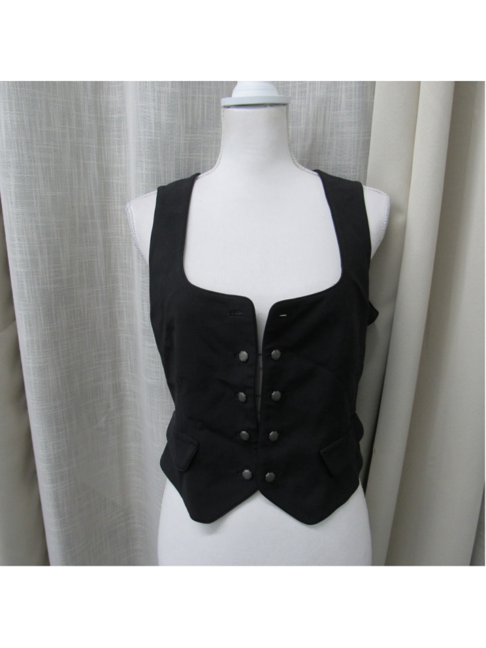Black Cropped Vest Scoop Neck Octagon Button Double Breasted Steampunk Goth